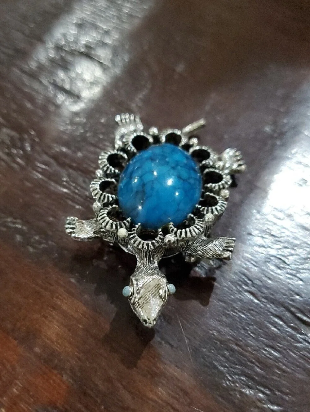 Silver Turtle Pendant with Blue Turquoise Stone